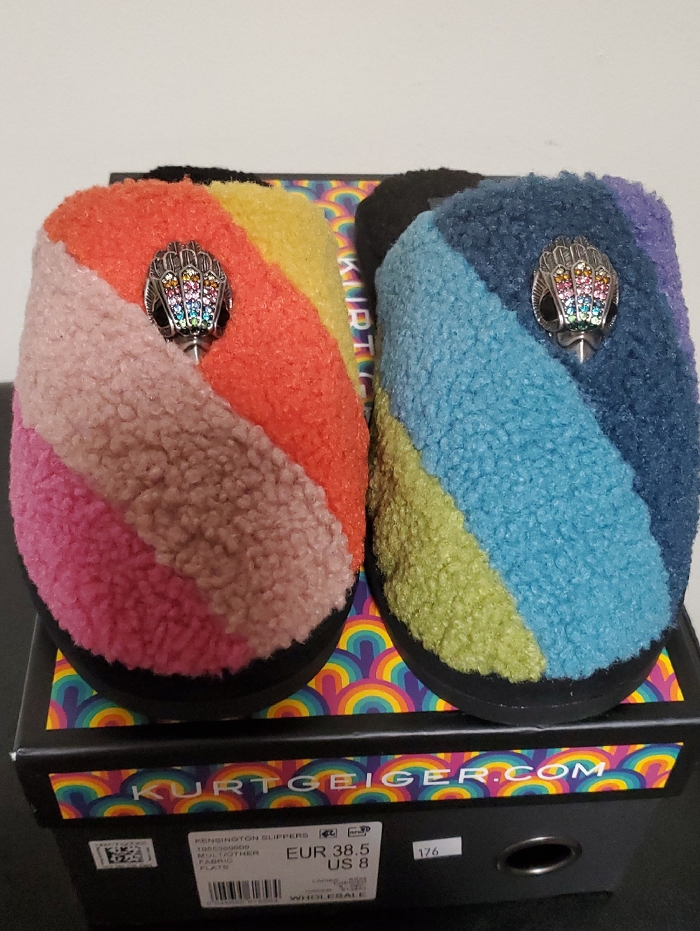 Kurt Geiger Womens Multicolor Sherpa Slip-Ons with Jewel Accent